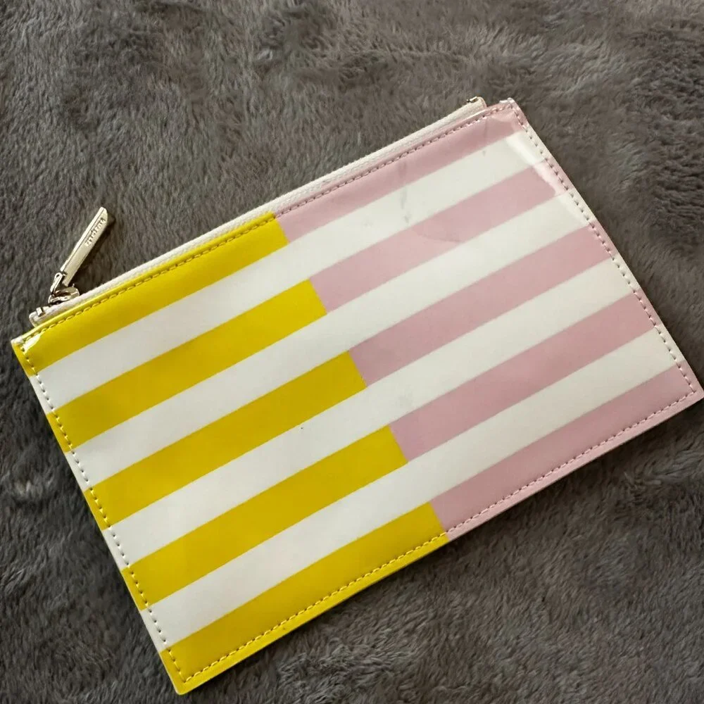 Kate Spade Yellow Pink Striped Zippered Pencil Pouch Cosmetic Bag Case - Picture 4 of 8